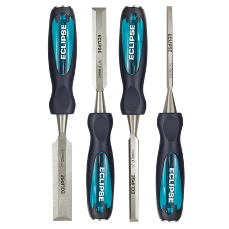 High Impact Through Tang Bevel Edge Wood Chisels - 4 Set, Eclipse Professional Tools. The 4 piece chisel tool set contains 1/4", 1/2", 3/4", 1" chisels