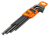 The Bahco BE-9770 Metric Long Ball End Hex L-Key Set is ideal for driving bolts and screws that have hexagonal sockets. Long arms ensure excellent leverage, which makes driving easier.  The ball ends of the keys allow the keys to be used up to an angle of 30° to the socket, whilst the hexagonal ends ensure an excellent fit into the screw/bolt head. A phosphate finish surface treatment provides outstanding surface protection; higher accuracy in the tip.