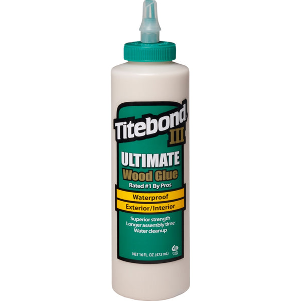 Titebond III Ultimate Wood Glue Offers the best possible performance in woodworking glues.  This waterproof formula provides a superior bond strength, longer open assembly time and a lower application temperature.  The perfect choice for interior and exterior woodworking.