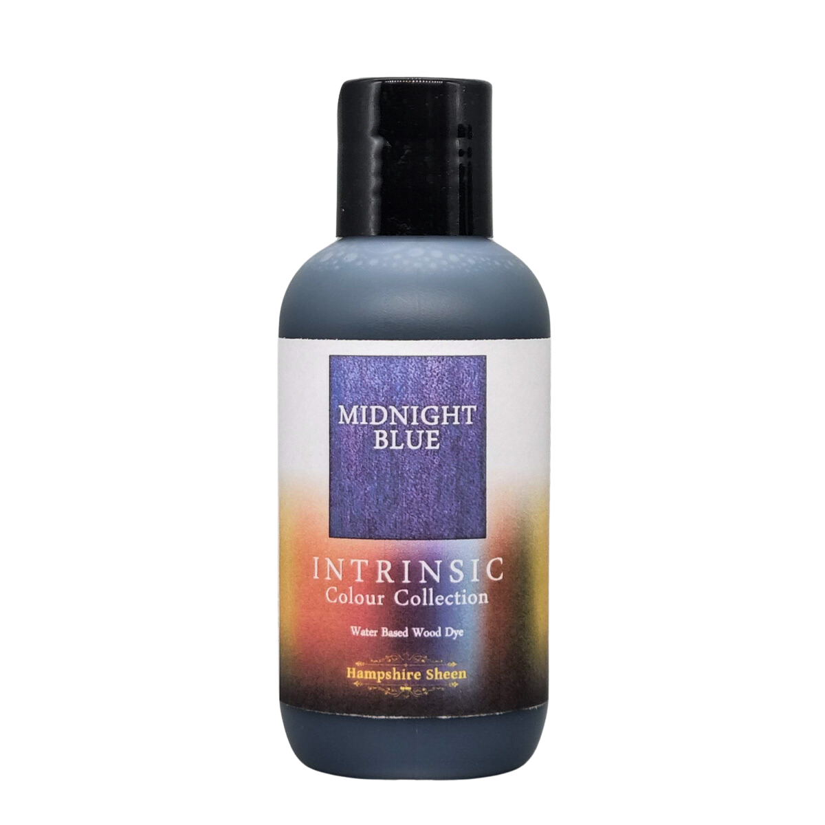 Midnight Blue water-based wood stain 125ml bottle  Deep night sky blue that catches a hint of purple on quilted woods. Blend with Plum and Sky Blue for super night time schemes.  The Intrinsic Colour Collection is a set of distinctive and atmospheric wood dyes in shades designed by professional UK woodturner Martin Saban-Smith.