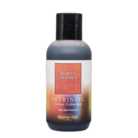 Burnt Orange water-based wood stain 125ml bottle  Almost terracotta in colour, this shade blends brilliantly with Honey and Flame and Ruby.  The Intrinsic Colour Collection is a set of distinctive and atmospheric wood dyes in shades designed by pro UK woodturner Martin Saban-Smith.