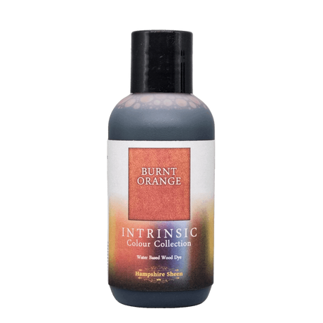 Burnt Orange water-based wood stain 125ml bottle  Almost terracotta in colour, this shade blends brilliantly with Honey and Flame and Ruby.  The Intrinsic Colour Collection is a set of distinctive and atmospheric wood dyes in shades designed by pro UK woodturner Martin Saban-Smith.